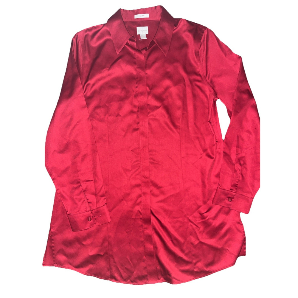 Chicos No Iron Long Sleeved Stretch Sateen Red Tunic Blouse Plus Size 1 NWOT 99$